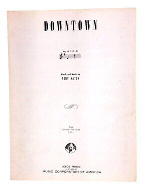 Vintage Downtown Sheet Music Tony Hatch 1964 Petula Clark Hit Song Pop